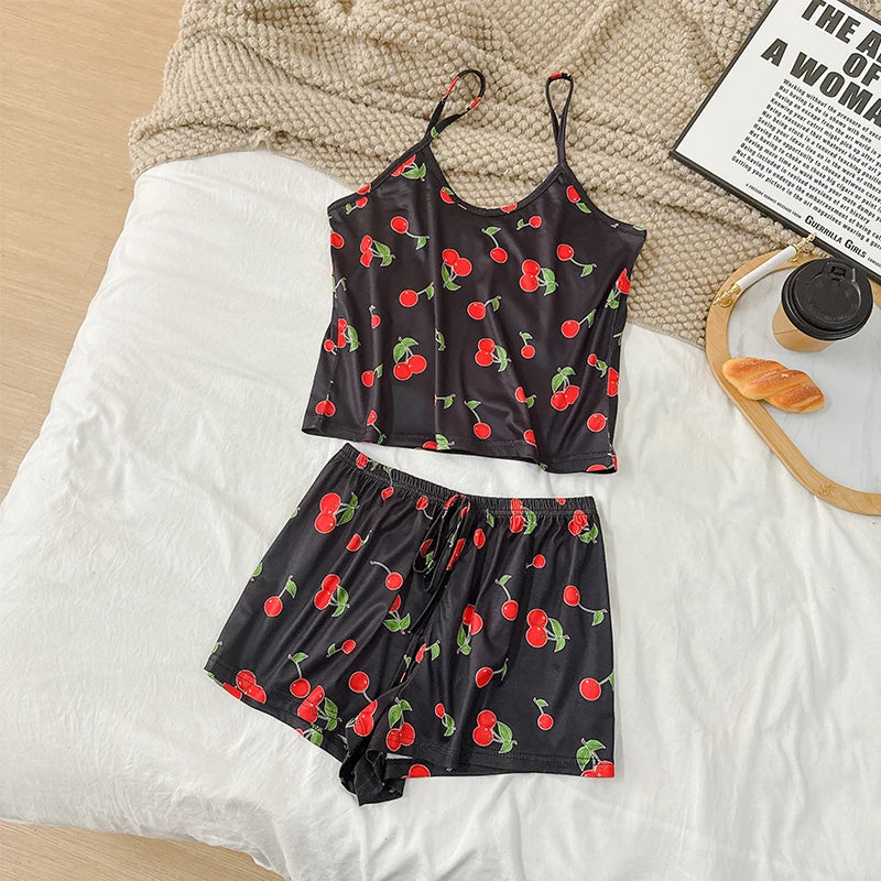 Sexy Print Camisole Sleeveless Crop Top and Shorts Soft Comfy Sleepwear