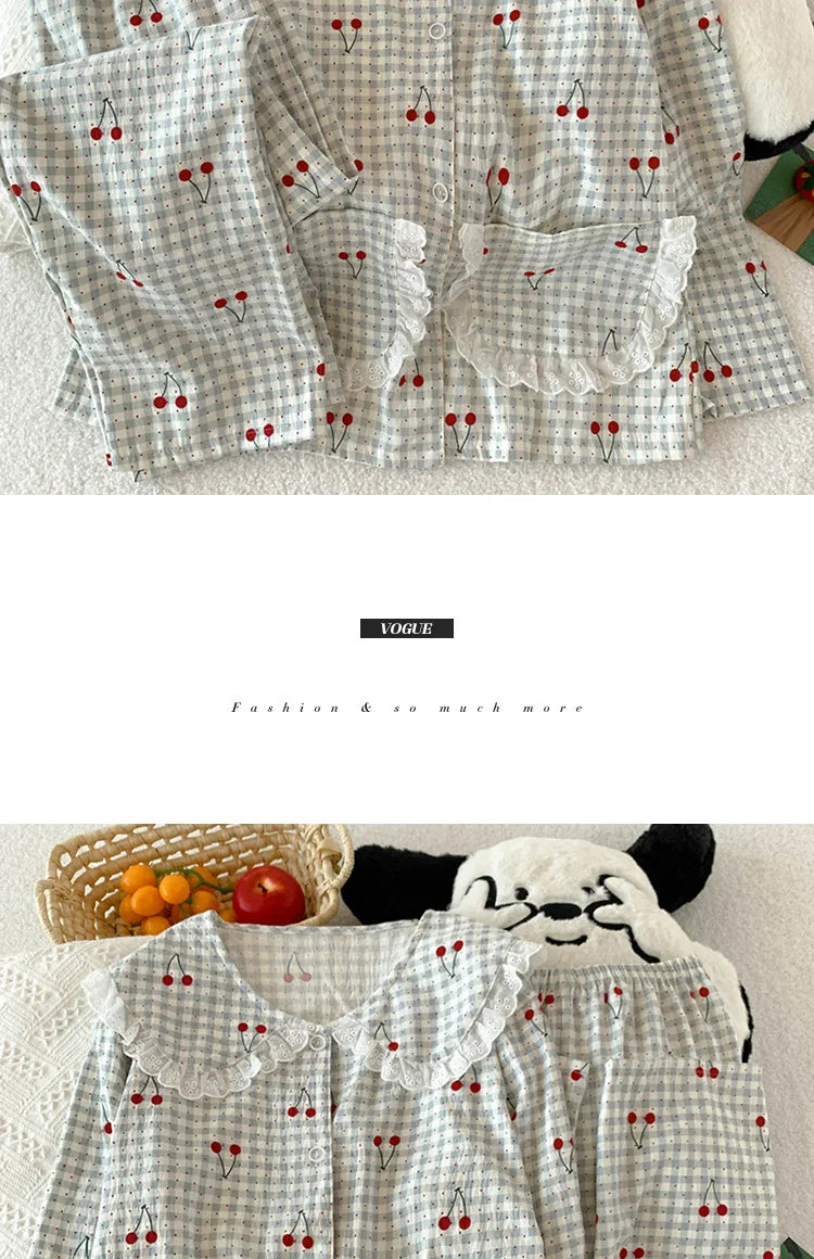 Spring Cloud-Print Cotton-Trimmed Collar Checked Sets