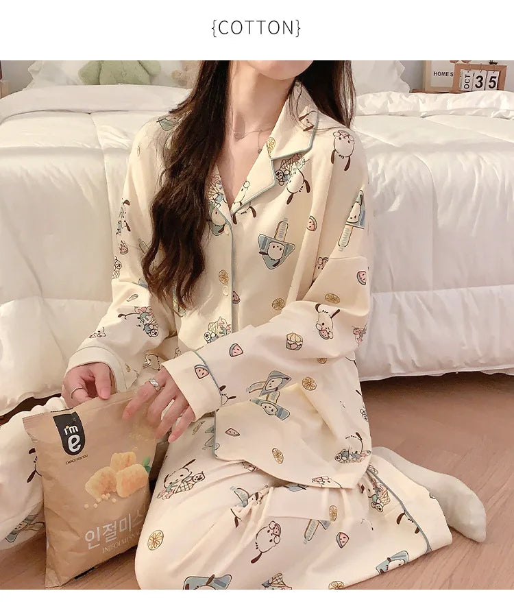 Women's Cardigan Long-sleeved Long Pants Cotton Comfortable Pajamas