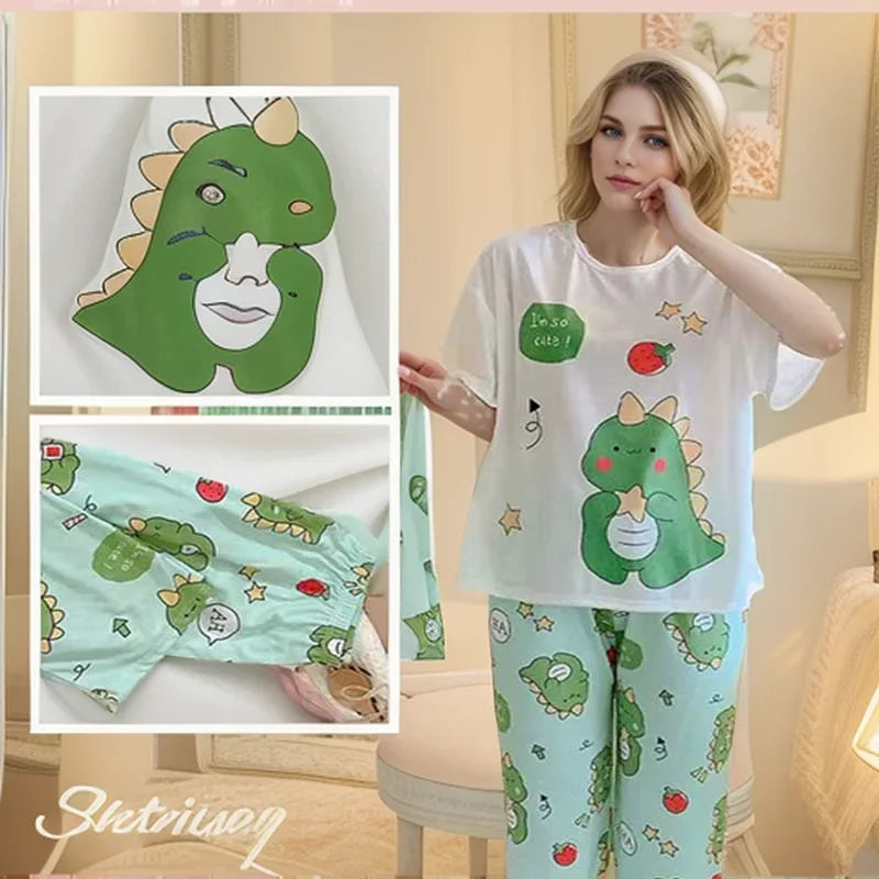 Large Size Short-Sleeved Loose 3PCS/Set Pajamas