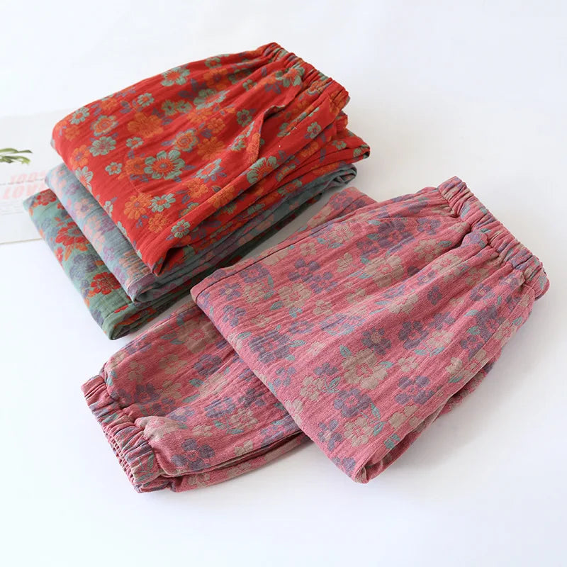 Jacquard Cute and Fresh Flower Pants 100% Cotton Loose Closing Home Pants
