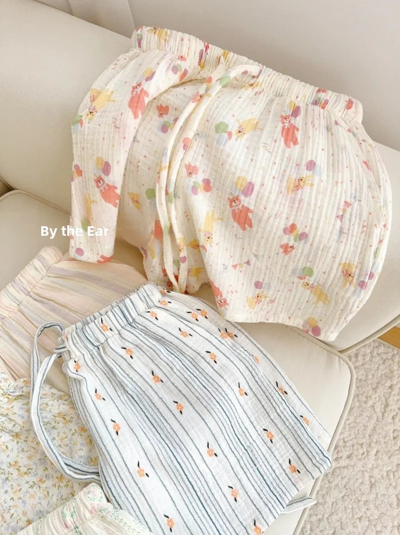 Thin Pure Cotton Bubble Cotton Gauze Sweet Loose High Waist Full Cotton Shorts