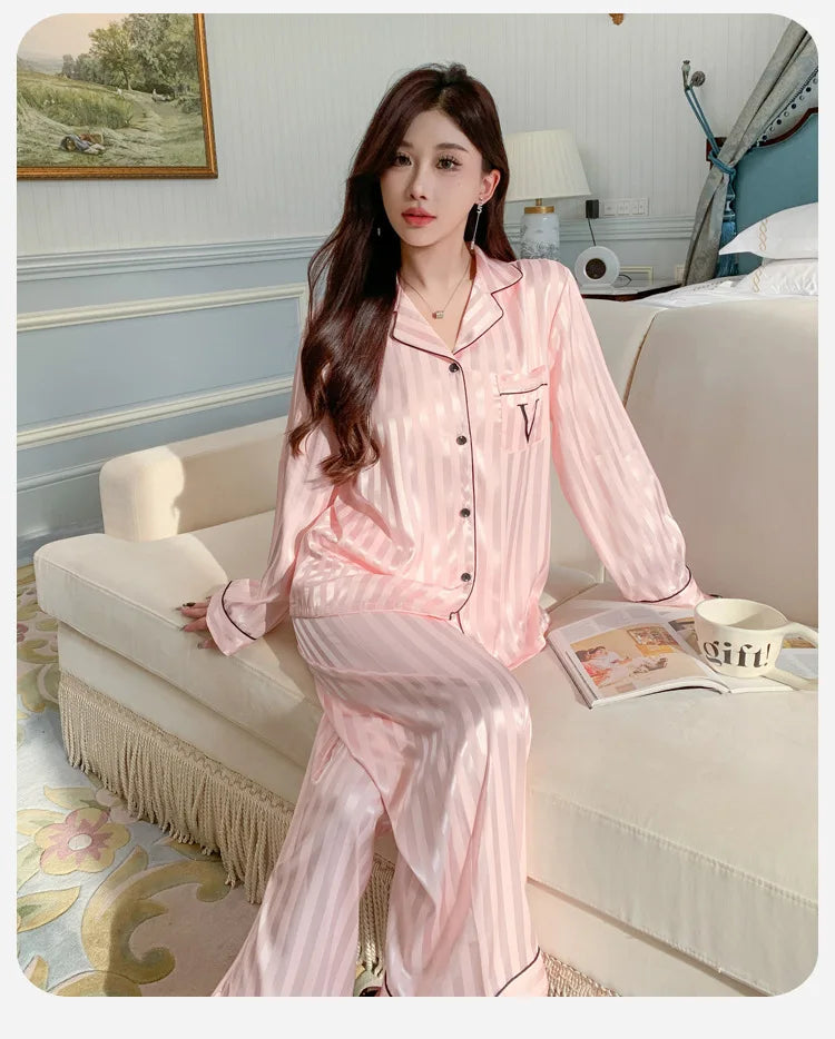 Women's Silk Pajama Set Long Sleeve Long Pants Lightweight Sleepwear for Comfortable Homewear Pj Set