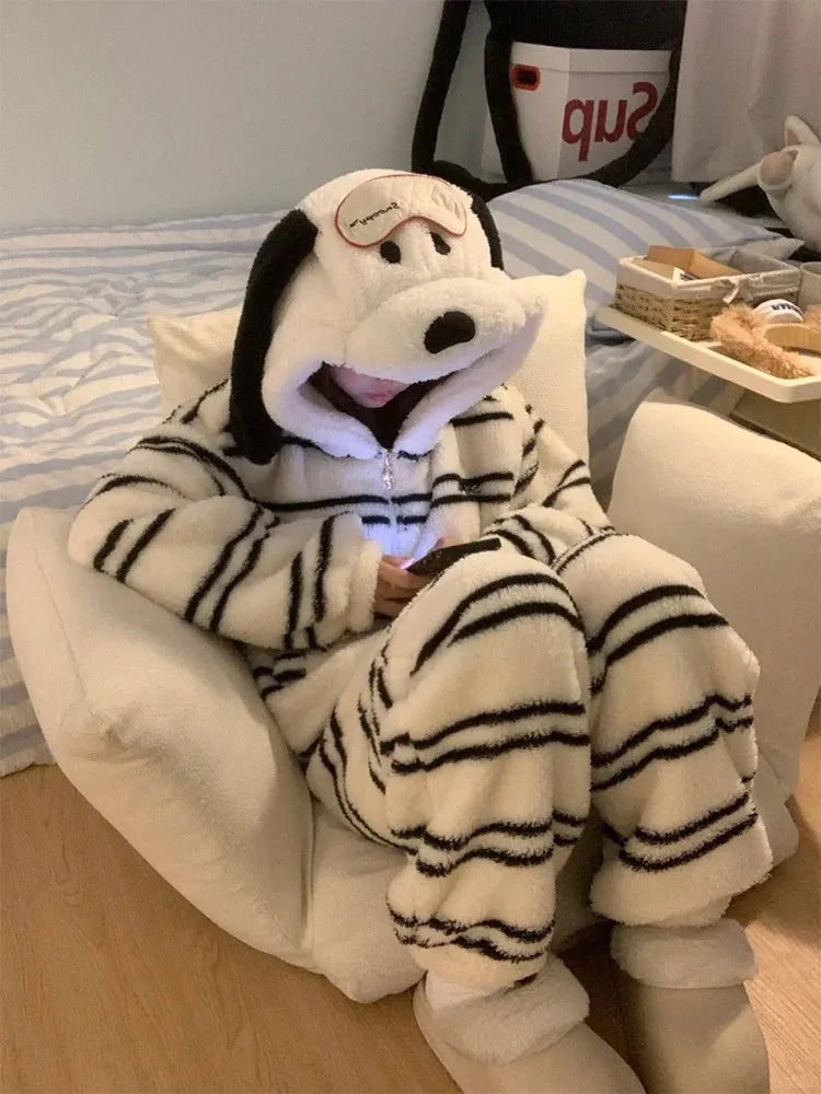 Cute Girl Cartoon Puppy Hooded Coral Fleece Loungewear Set