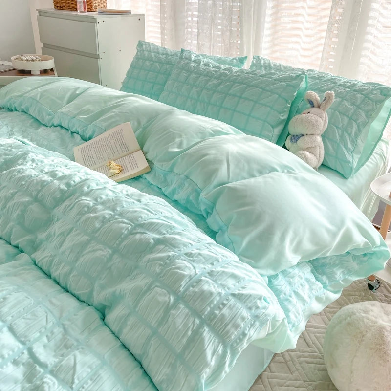 Puffy Check Bubble Fabric Set Duvet Pillowcase Bedding Sheet Quilt Cover Set