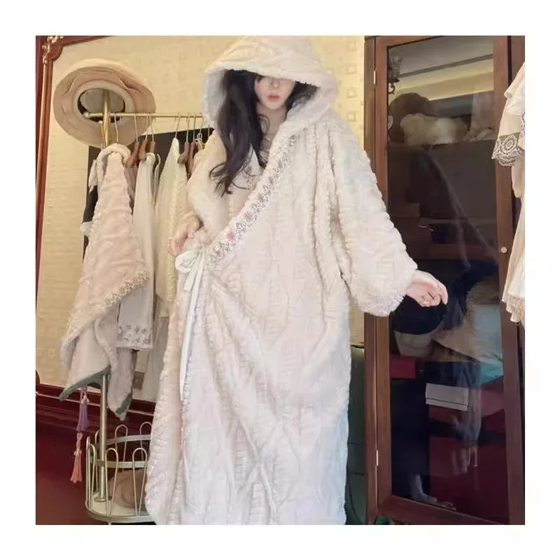 Embroidery Hooded Pajamas Velvet Long Plush Thick Lace-Up Robe
