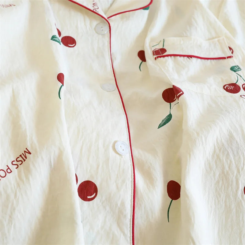 Cherries Print Two Pieces Cotton Pants and Top Set