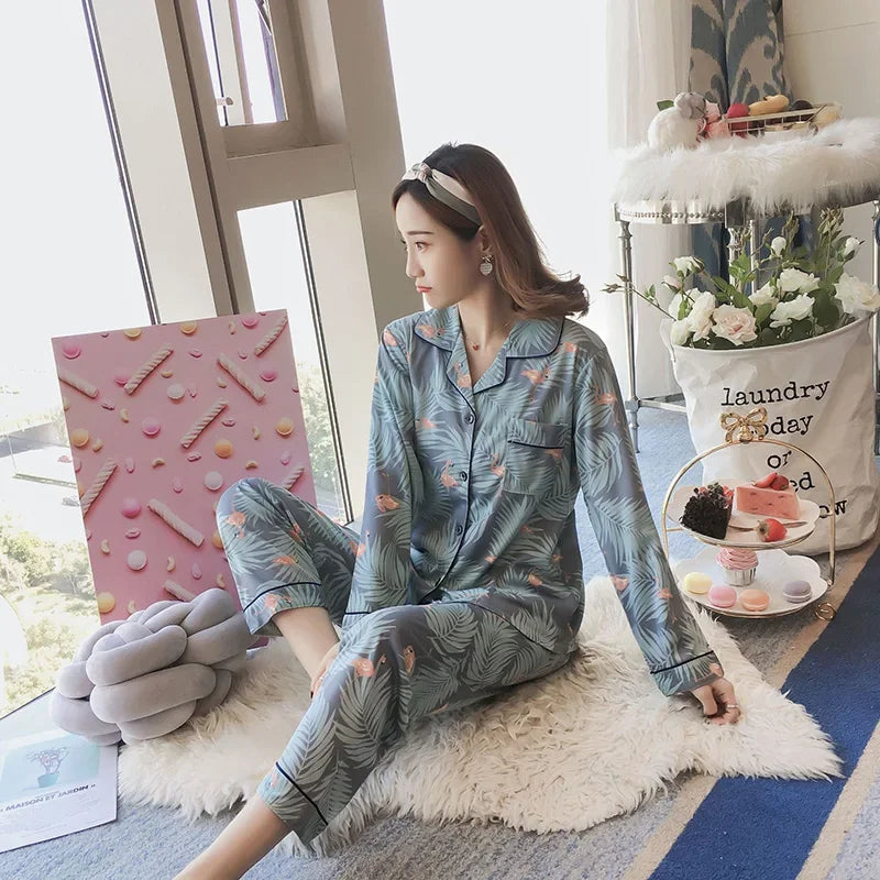 V-Neck Button Down Top and Trousers Sleepwear Homewear