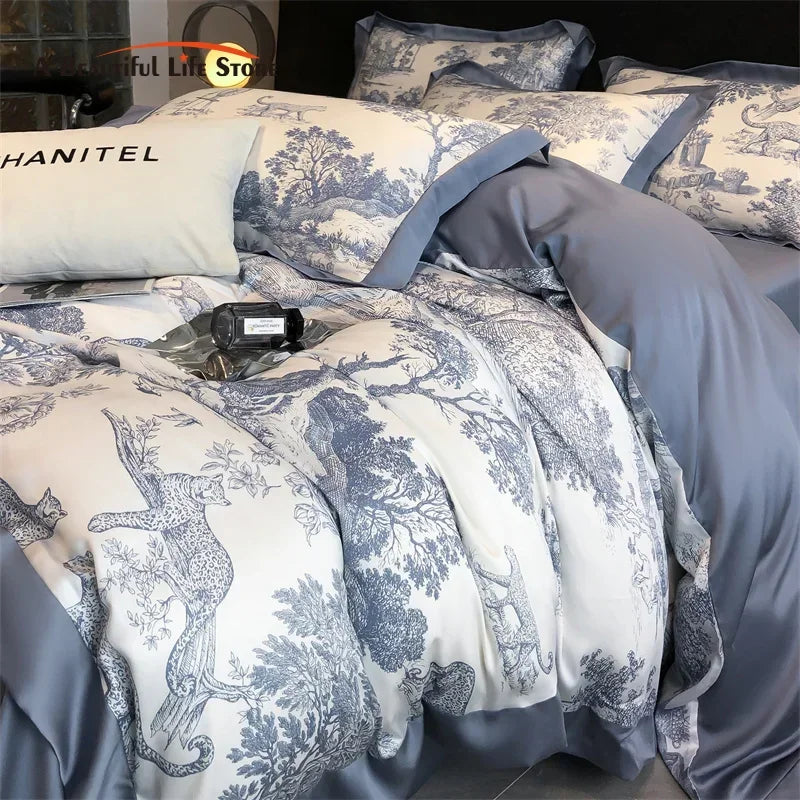 Soft Silky Skin-friendly Natural Eucalyptus Fiber Lyocell Bedding Set Forest Plants Leopard Duvet Cover Set Bed Sheet Pillowcases