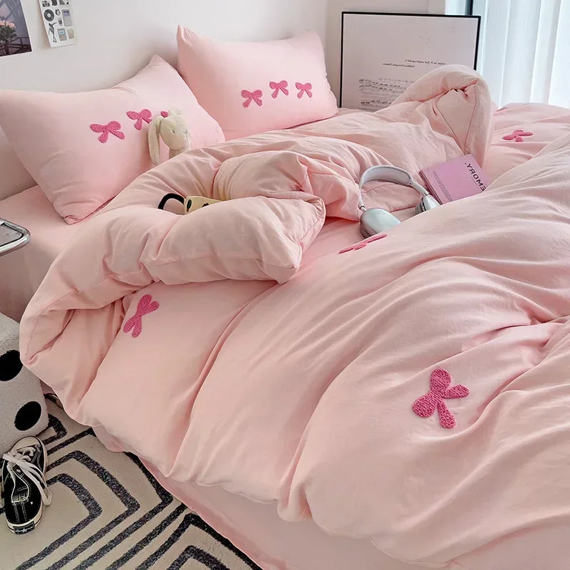 3D Embroidered Bow Quilt Set Cotton Pink Comfortable Soft Bedding