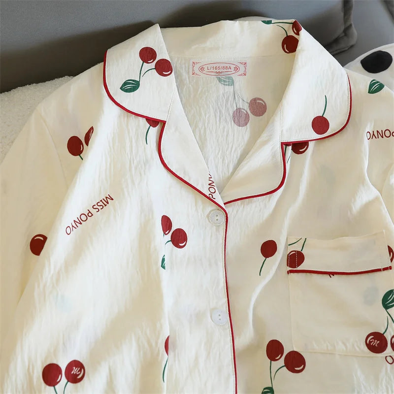 Cherries Print Two Pieces Cotton Pants and Top Set