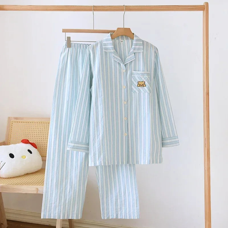 Japanese Style Women's Striped Pajama Set 100% Cotton Long Sleeve Long Pants Two Piece Set