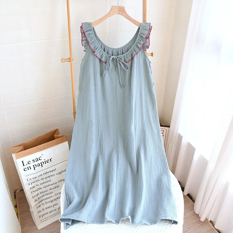 Ruffle Edge Sleeveless Camisole Women's Nightgown Double-layer Gauze Long Style Night Dress