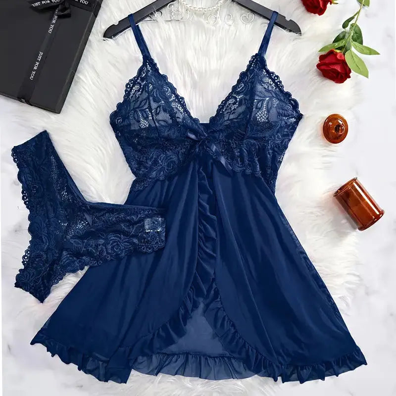 Sexy Contrast Lace and Mesh Ruffle Babydoll V-neck Open Bra Sleep Skirt Nighties