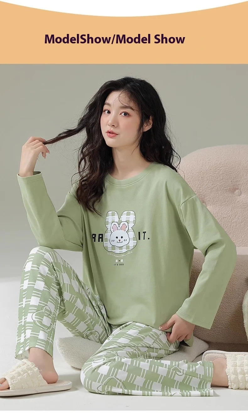 Cotton High Quality Large Size Ladies Pullover Long-Sleeved Cartoon Home wear 2PCS/Set