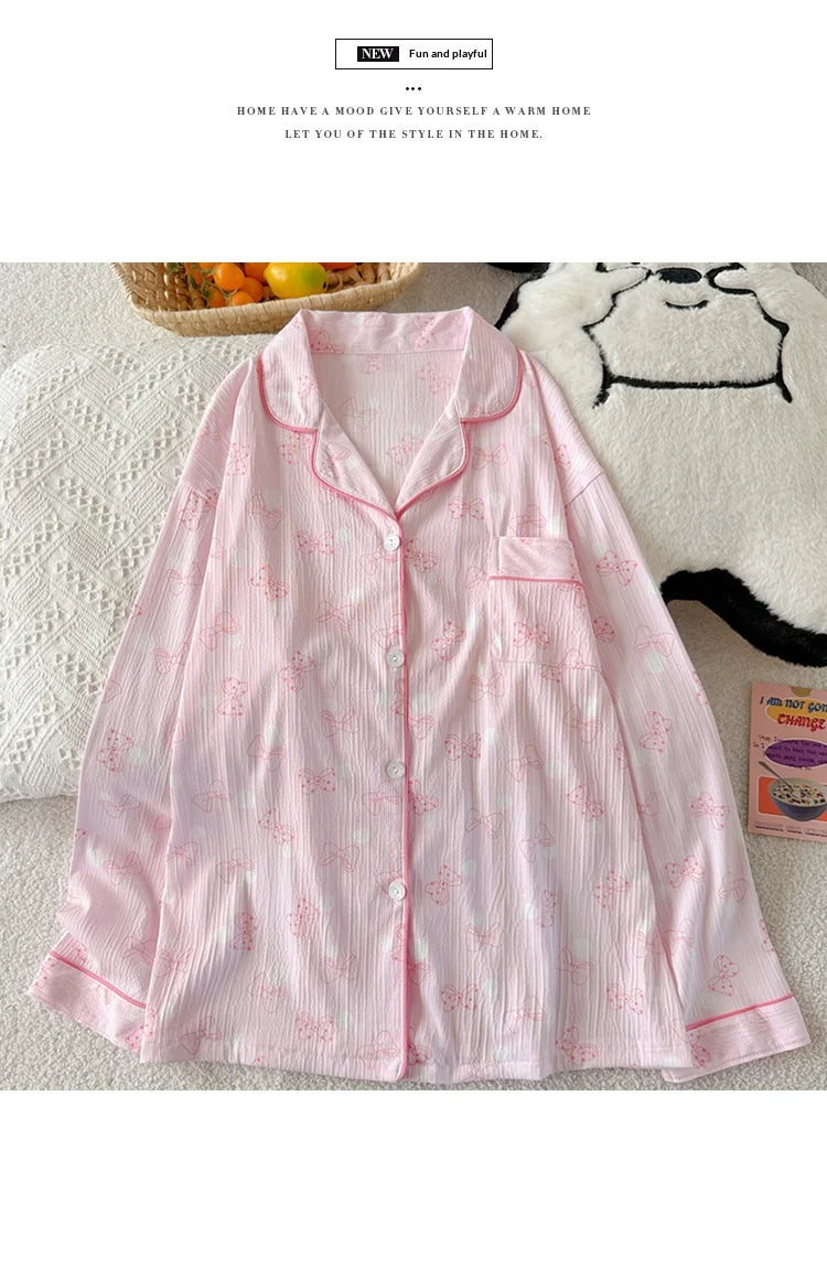 Women's Pink Bow Collar Loose Pajamas Long Sleeve Long Pants Set
