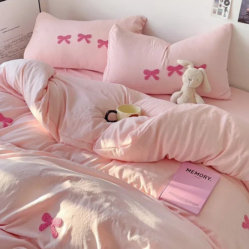 3D Embroidered Bow Quilt Set Cotton Pink Comfortable Soft Bedding