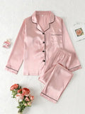 Silk Pajamas Set Casual Soft Breathable and Relaxed Fit Long Shirt Tops and Long Pants Sleepwear