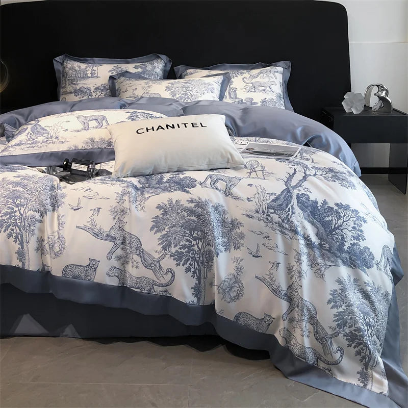 Soft Silky Skin-friendly Natural Eucalyptus Fiber Lyocell Bedding Set Forest Plants Leopard Duvet Cover Set Bed Sheet Pillowcases