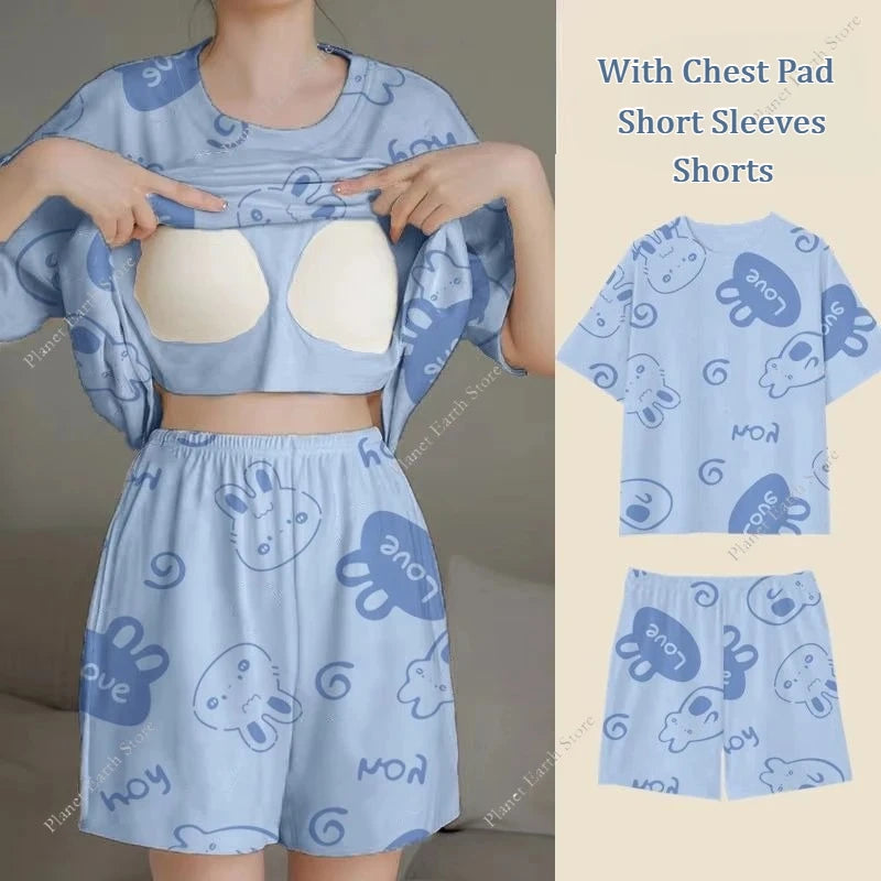 Pajama 2Pcs/Sets Short Tops and Shorts with Chest Pad