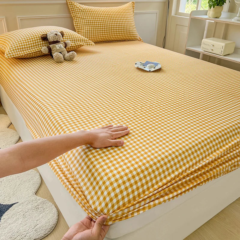 Plaid Style Fitted Sheet Skin-friendly Bed Cover Elastic Bedsheet Linen (No Pillowcase)