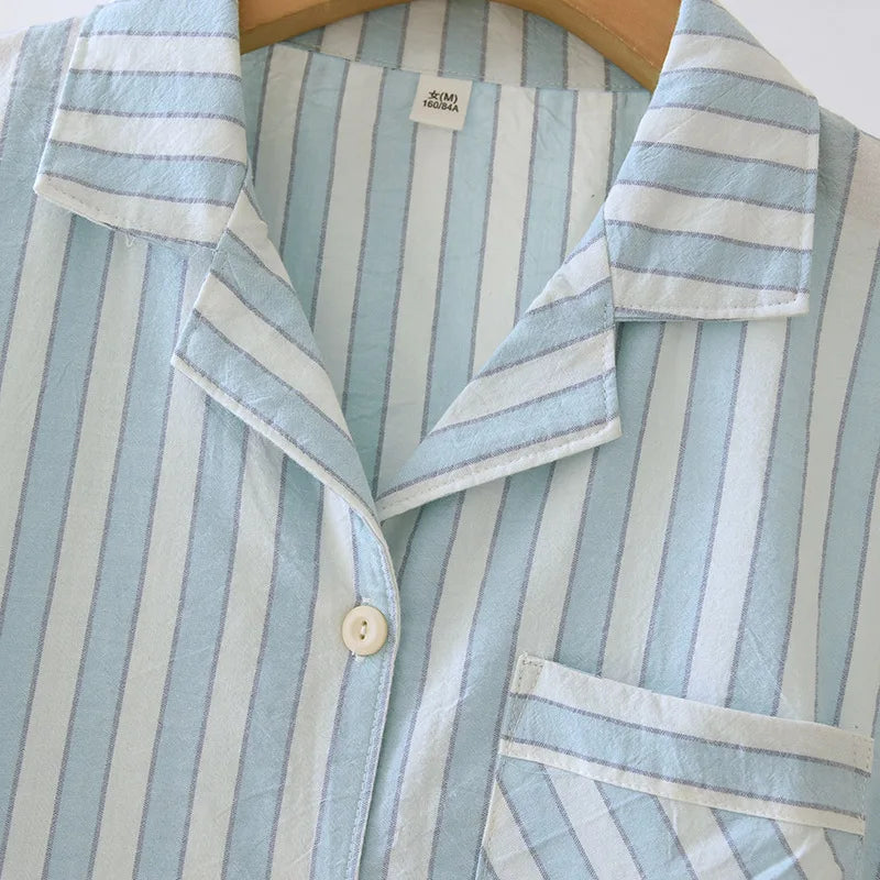 Japanese Style Women's Striped Pajama Set 100% Cotton Long Sleeve Long Pants Two Piece Set