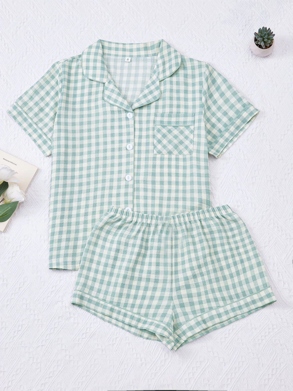 Ladies Plaid Print Casual Pajama Set Short Sleeve Collar Top and Shorts