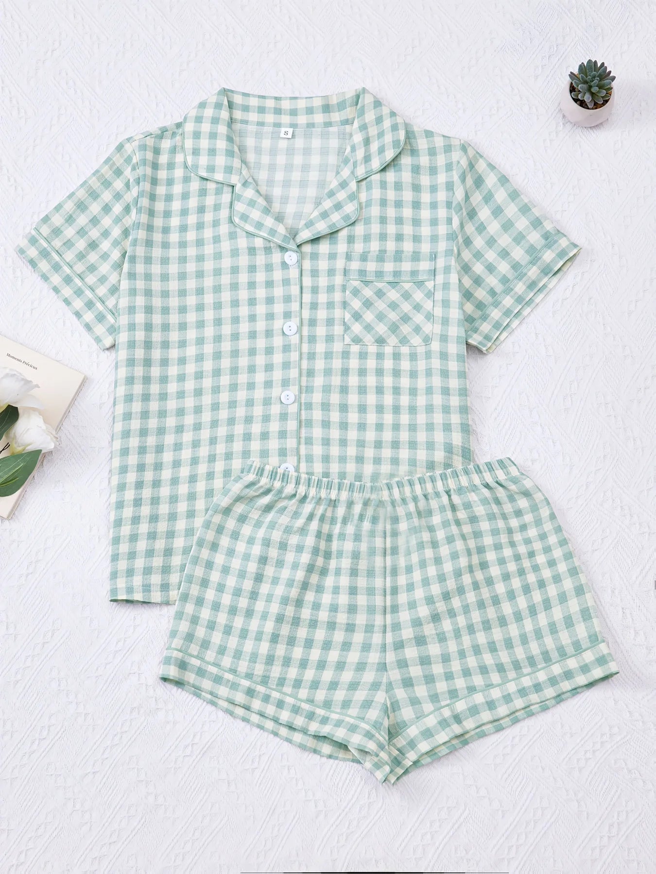 Ladies Plaid Print Casual Pajama Set Short Sleeve Collar Top and Shorts