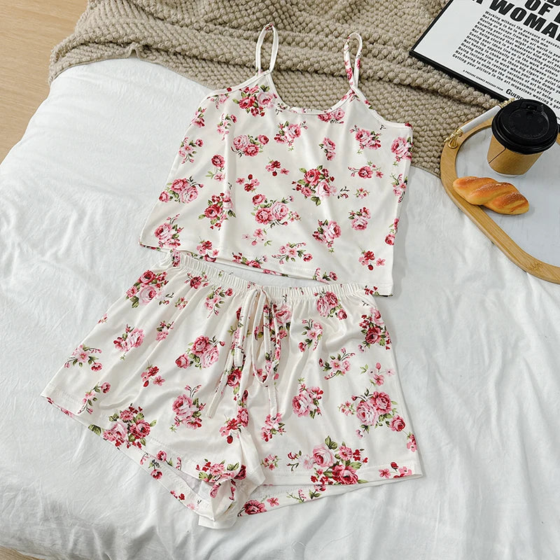 Sexy Print Camisole Sleeveless Crop Top and Shorts Soft Comfy Sleepwear