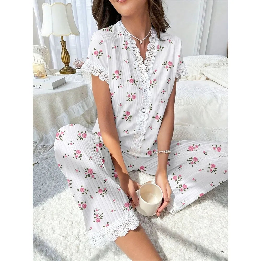 Lace Collar Printed Shirt Trousers Loungewear