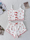 Backless Heart Print Sexy Ribbed Bow Decor Round Neck Cami Top & Shorts Pajama Set