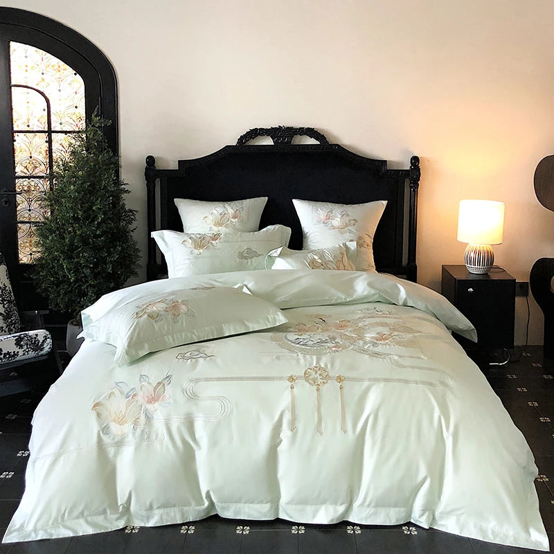Flowers Bird Embroidery Luxury Bedding Set 1000TC Egyptian Cotton Duvet Cover Bed Sheet Pillowcases 4/5Pcs
