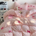 3D Embroidered Bow Quilt Set Cotton Pink Comfortable Soft Bedding