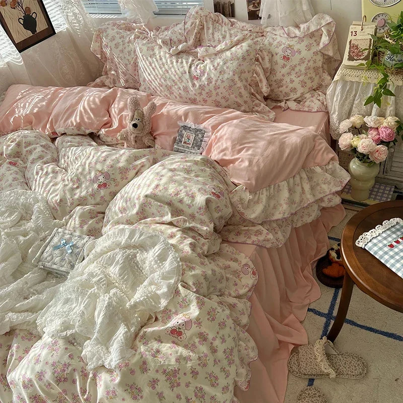 Princess Style Floral Ruffles Bedding Set Skin-friendly Soft Duvet Cover Set Bed Sheet Or Bed Skirt Pillowcases