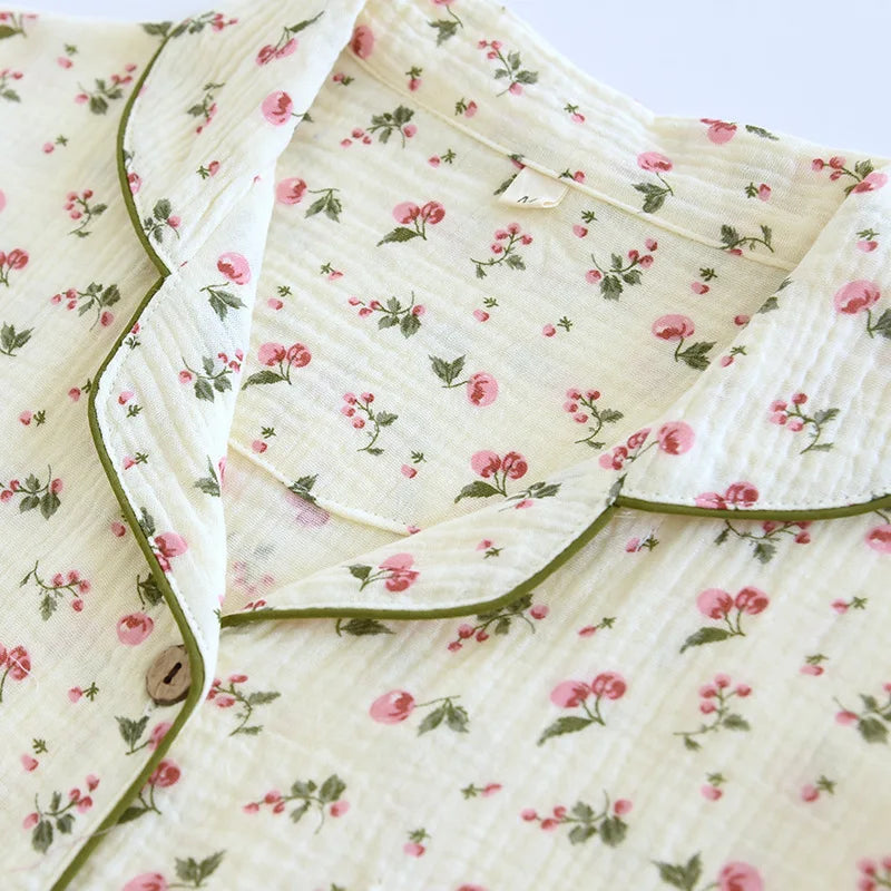 Ladies 100% Cotton Crepe Long sleeved Pants Two-piece Cute and Sweet Set