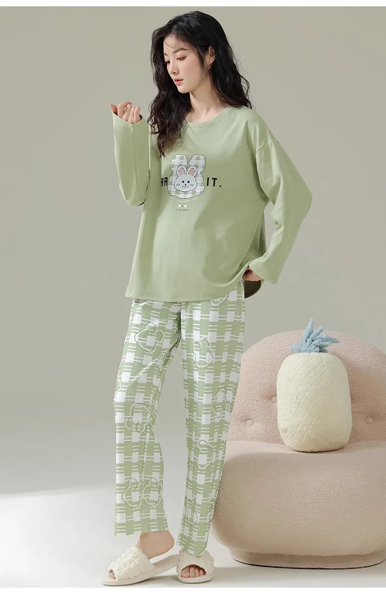 Cotton High Quality Large Size Ladies Pullover Long-Sleeved Cartoon Home wear 2PCS/Set
