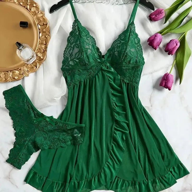 Sexy Lace Lingerie with Matching Panties V-Neck Sheer Lace Camisole Nightie
