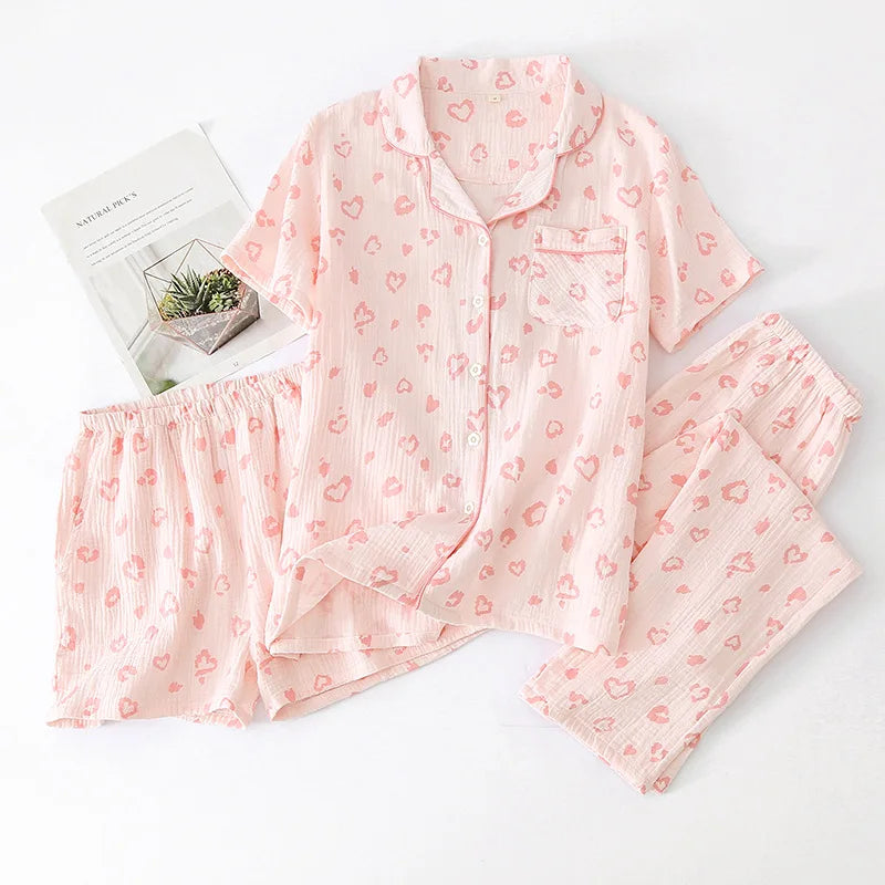 Pure Cotton Three-piece Thin Crepe Fabric Collar Short Sleeved Pants Shorts Set