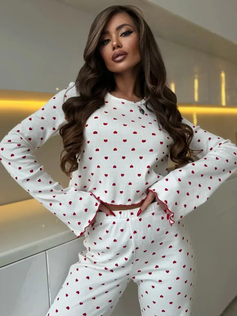 Y2K-Style Two-piece Cherry/Heart Print Cuffed-Long-Sleeve Tops and Long Trousers