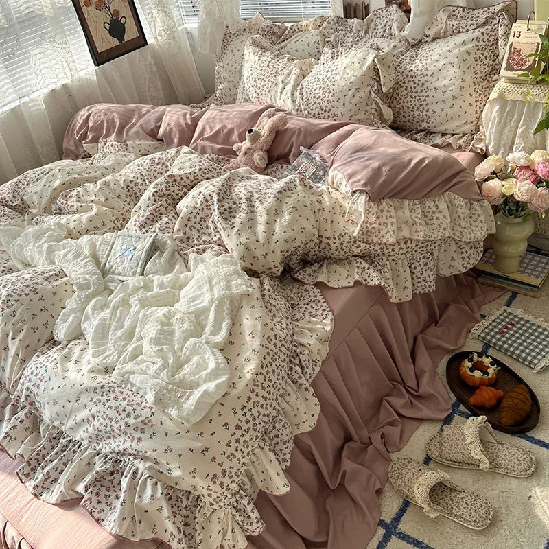 Princess Style Floral Ruffles Bedding Set Skin-friendly Soft Duvet Cover Set Bed Sheet Or Bed Skirt Pillowcases
