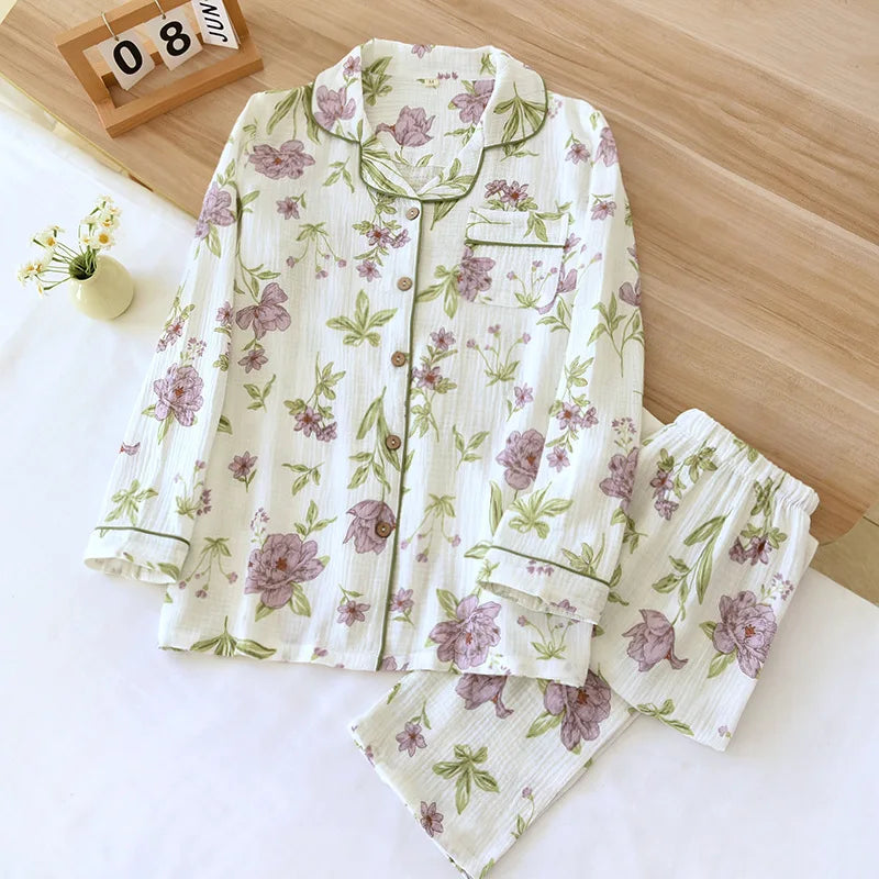 Ladies 100% Cotton Crepe Long sleeved Pants Two-piece Cute and Sweet Set
