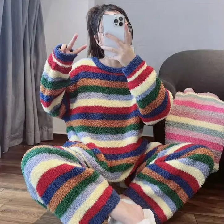 Cute Rainbow Pattern Simple Half-Fleece Warm Pajamas