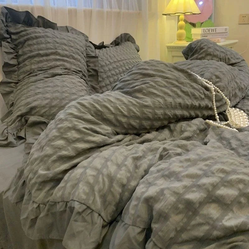 Solid Color Ruffles Lace  Kawaii Soft Sheet Duvet, Pillow & Quilt Cover