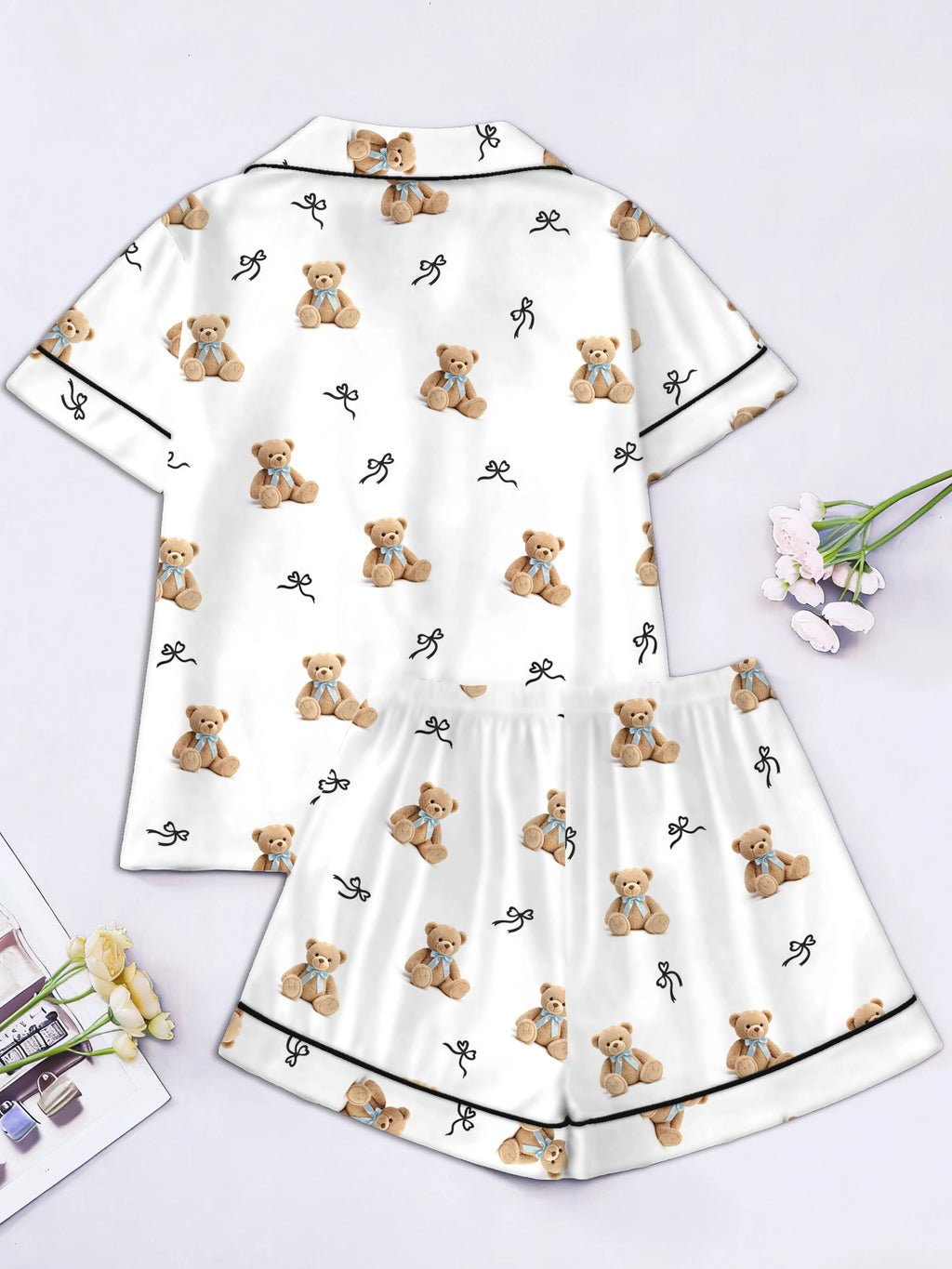 Short Sleeve Shorts Loungewear Cute Teddy Bear Print Black Bow Two Piece Set