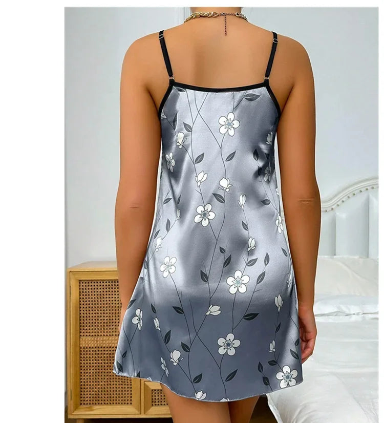 Floral Print Satin Nightgown Casual Sleeveless Backless Slip Night Dress