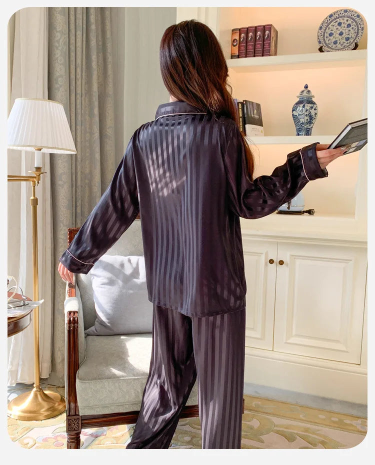 Women's Silk Pajama Set Long Sleeve Long Pants Lightweight Sleepwear for Comfortable Homewear Pj Set