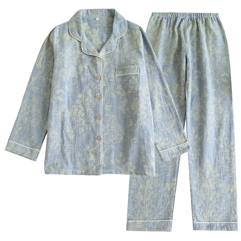 Spring 100% Cotton Gauze Retro Color Knitted Long Sleeve Two Piece Pajama Set