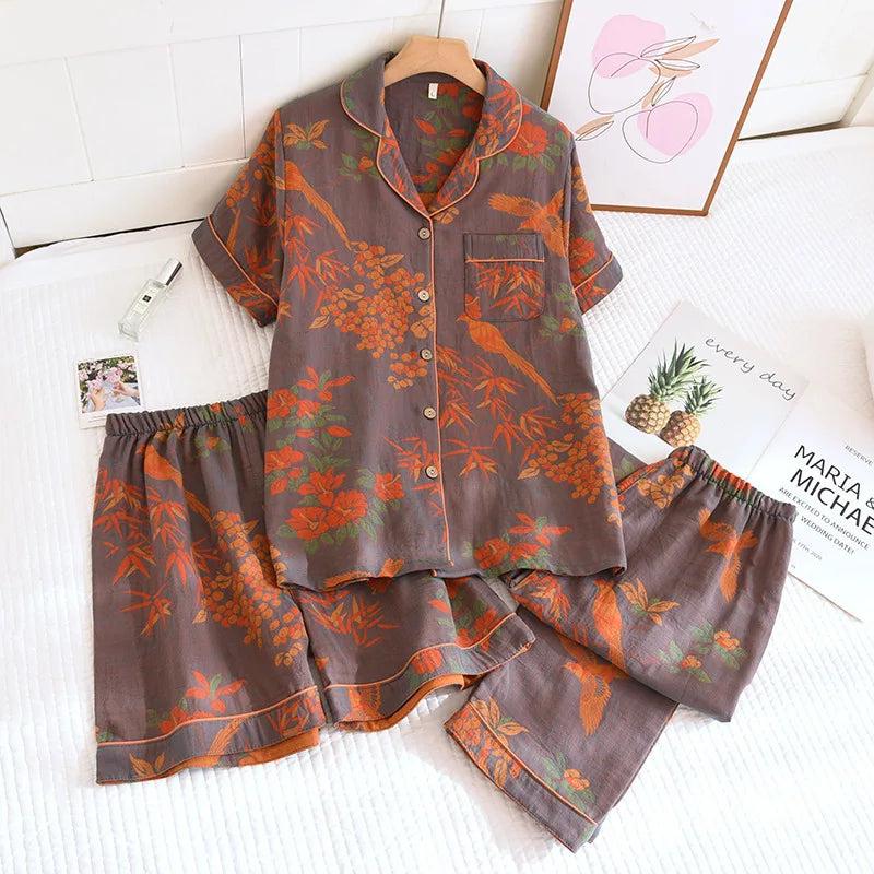 Short Sleeve Gauze Cotton Pyjamas Summer New Three-pieces Floral Nightwear