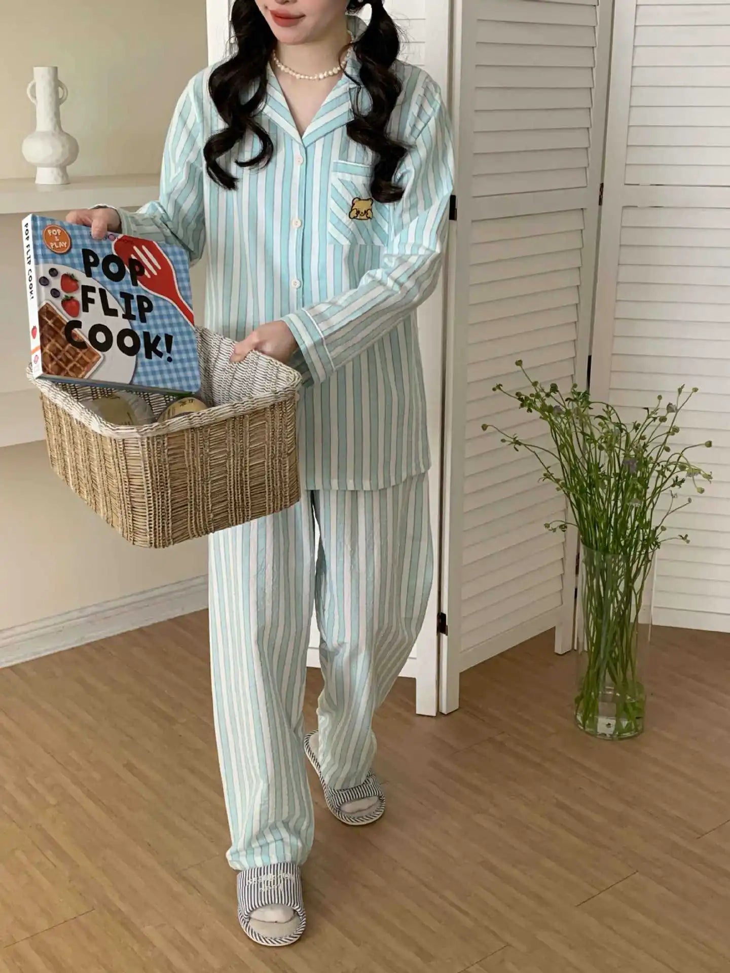 Japanese Style Women's Striped Pajama Set 100% Cotton Long Sleeve Long Pants Two Piece Set