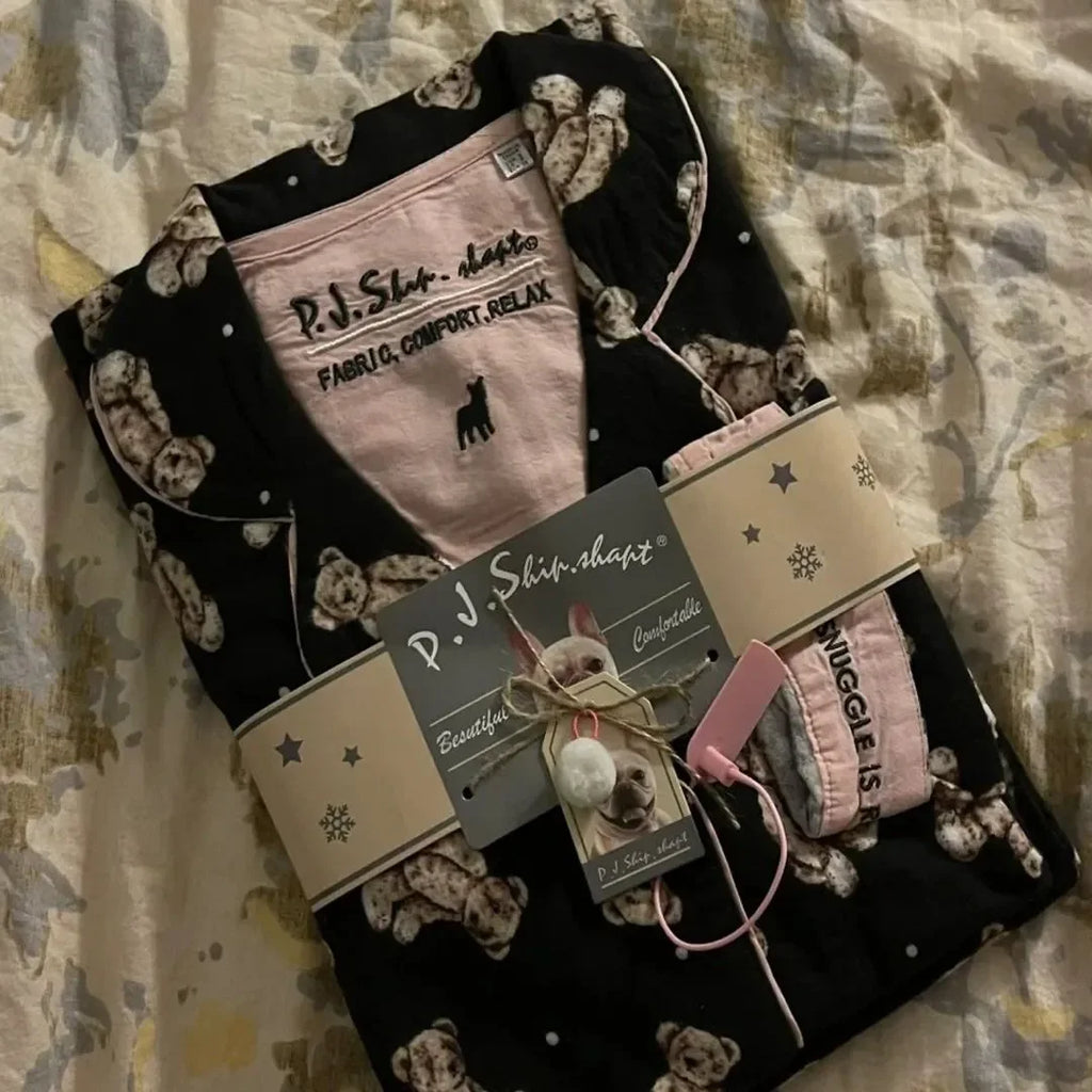 Women's Pajamas Set Cute Cartoon Print Sleepwear Top&pants Two-piece Soft Cotton Femme Nightwear